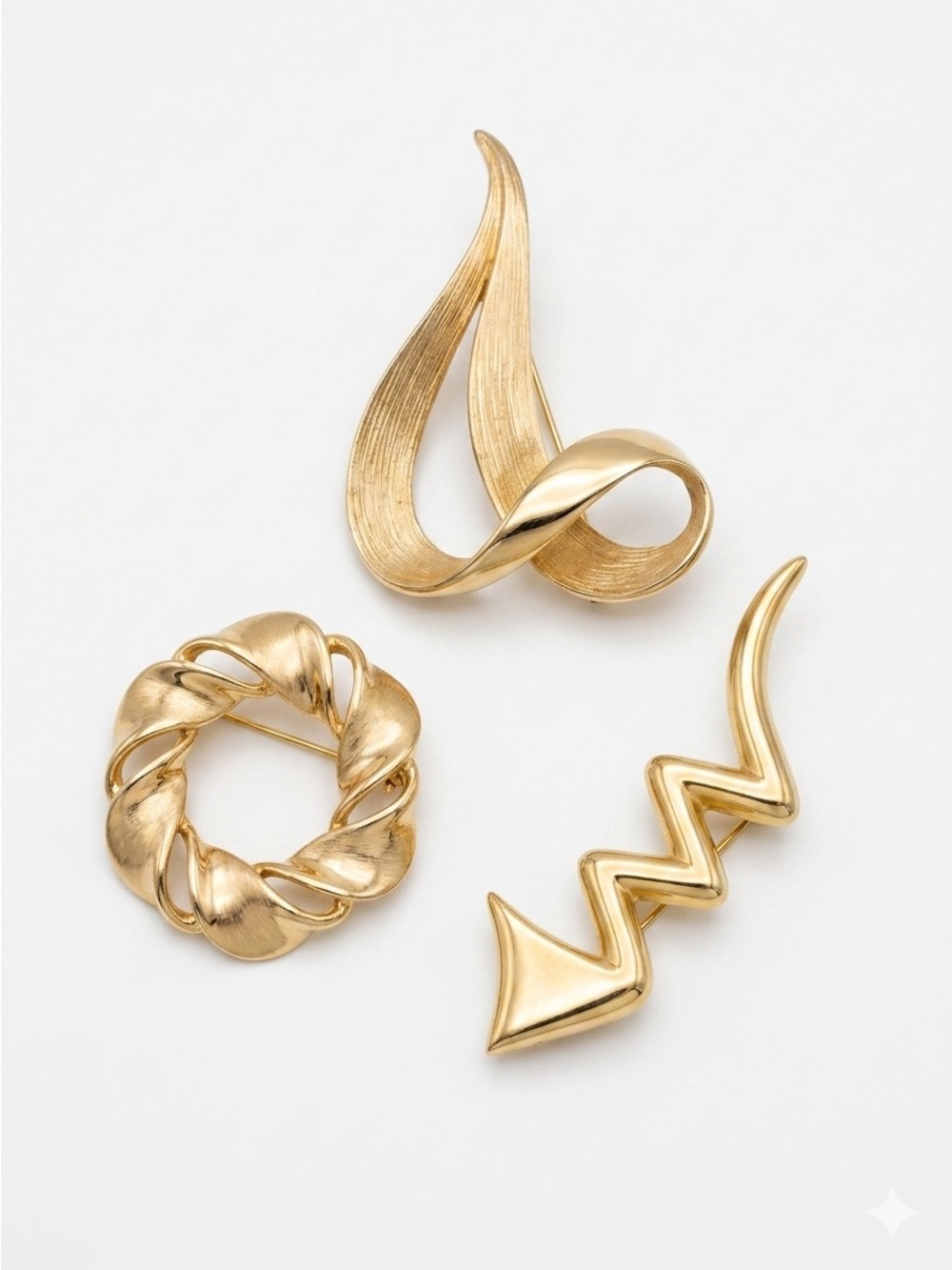 Vintage 80s Abstract Gold Geometric Brooch Bundle - Set of 3